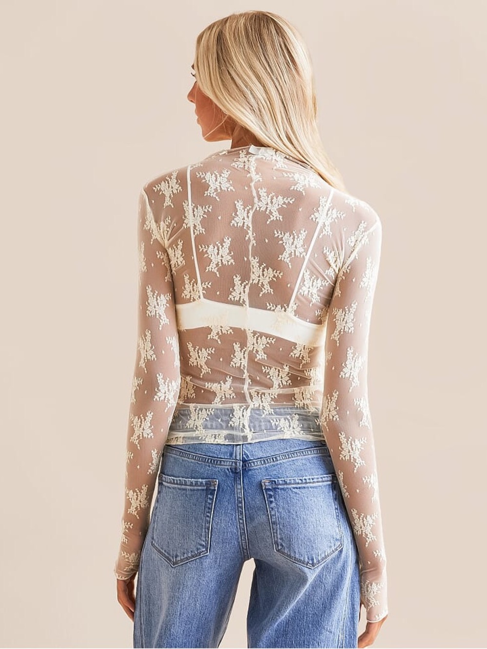 Sheer Long-Sleeve Floral Lace Top in Ivory - Picture 7 of 12